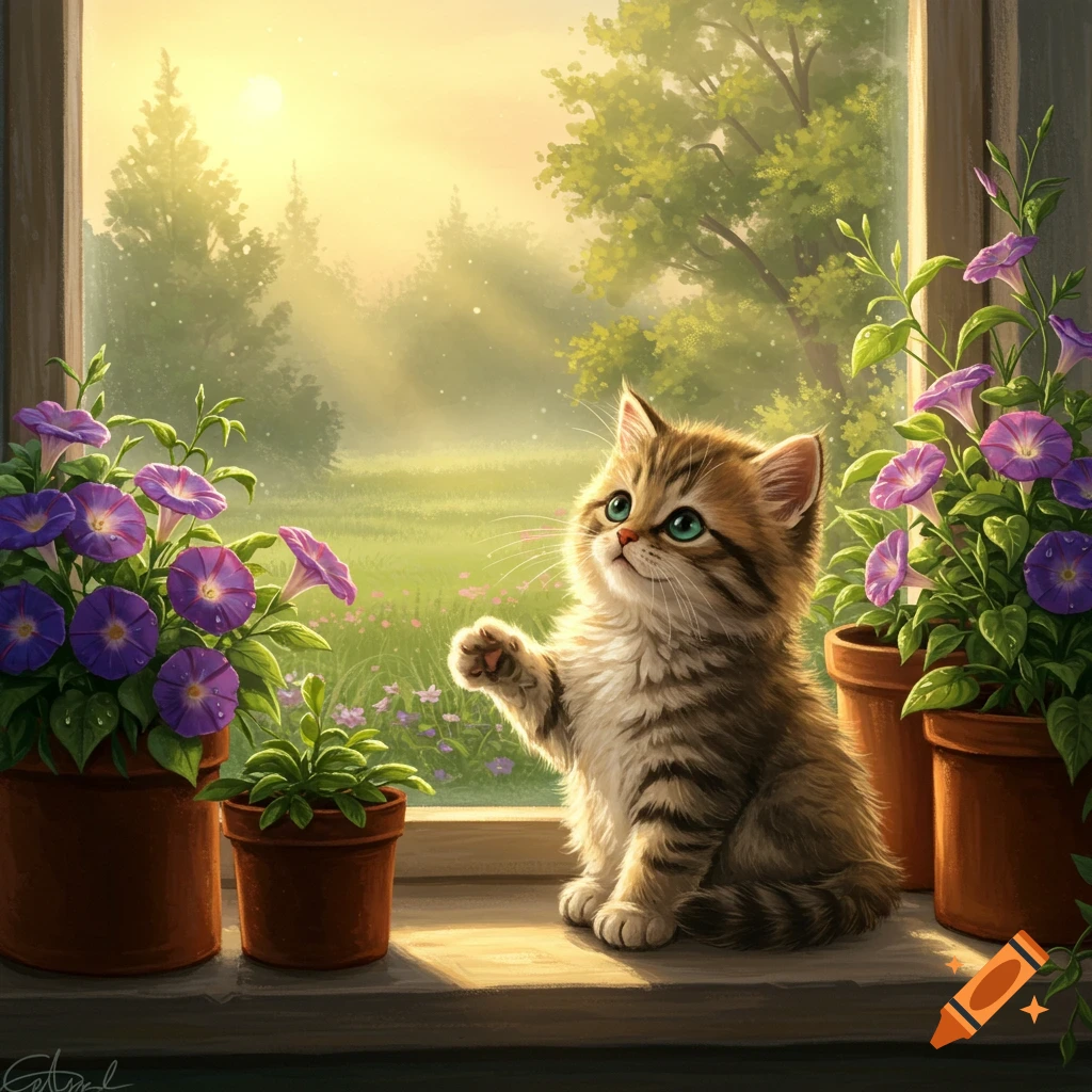 A cute tabby kitten sits on a sunlit windowsill next to purple morning glory flowers, looking out at a bright green landscape.