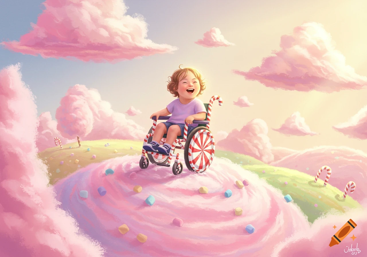 Happy child with Down syndrome in a candy cane wheelchair on a pink cotton candy hill under fluffy clouds in a whimsical illustration.