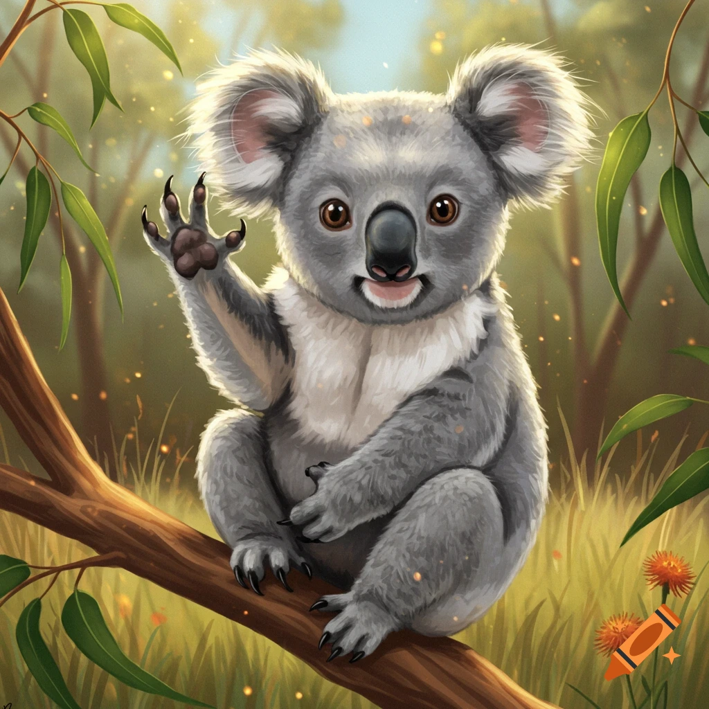 An adorable fluffy koala illustration sits on a tree branch, waving its paw in a warm, sunlit forest.