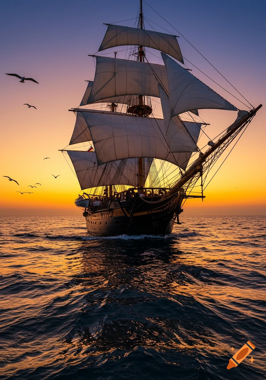 Photorealistic image of a historical sailing ship with white sails on a vast ocean at a vibrant sunset, with birds in the sky.