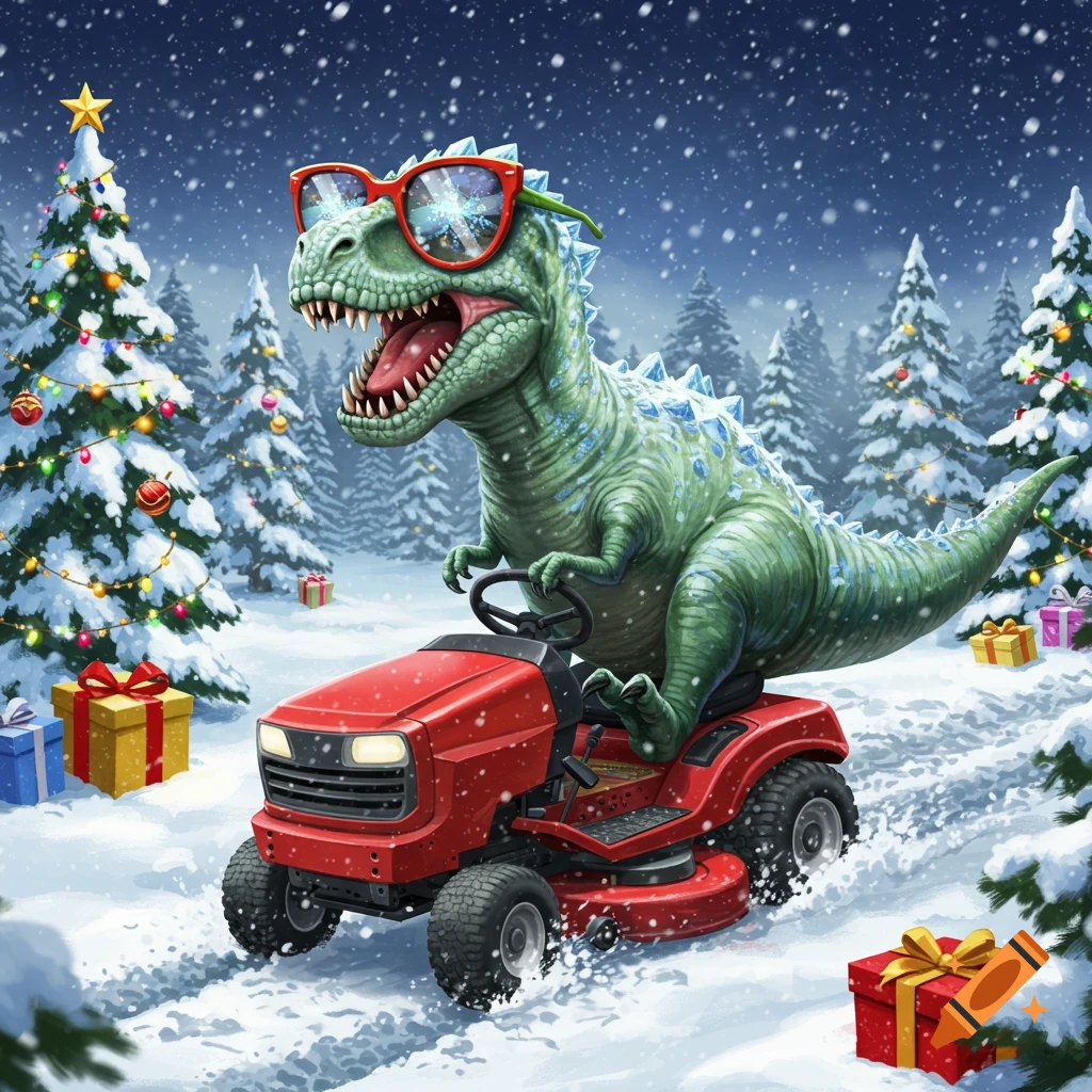 A cartoon dinosaur wearing red sunglasses drives a red lawnmower through a snowy forest with decorated Christmas trees and gifts.