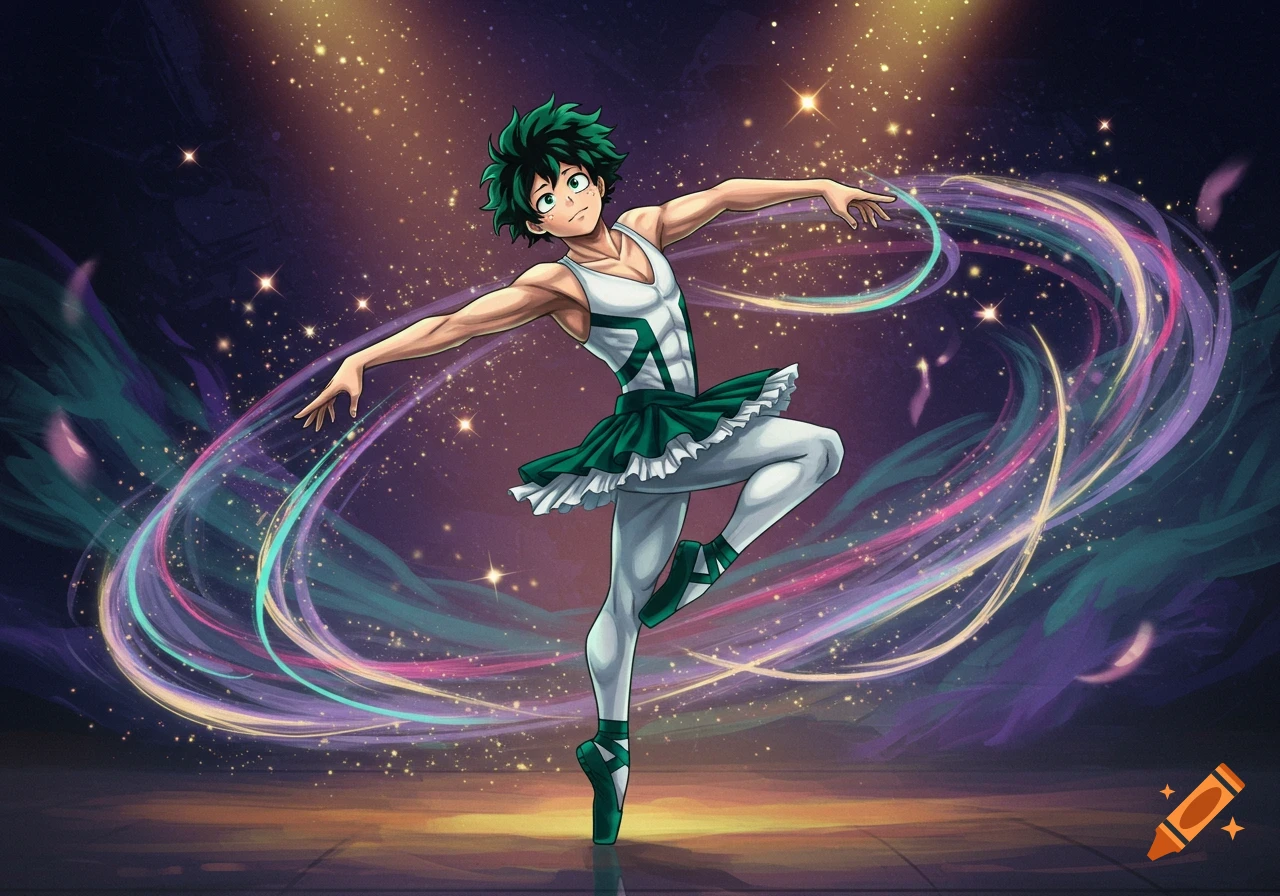 Anime character Deku from My Hero Academia performing ballet on stage, wearing a green and white leotard and tutu, surrounded by sparkling lights.