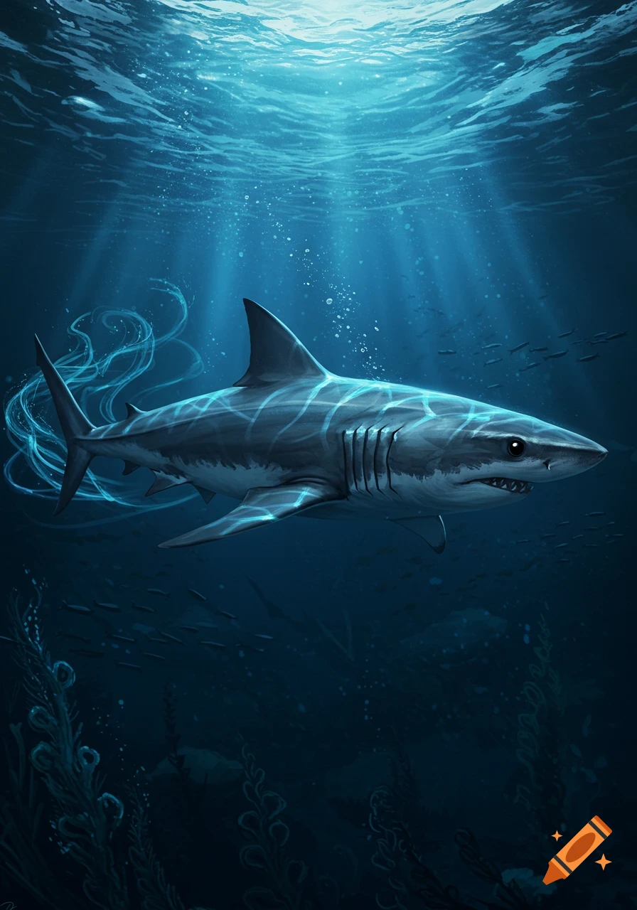 A stylized shark with glowing blue patterns swims in a dark blue underwater scene with light rays from above.