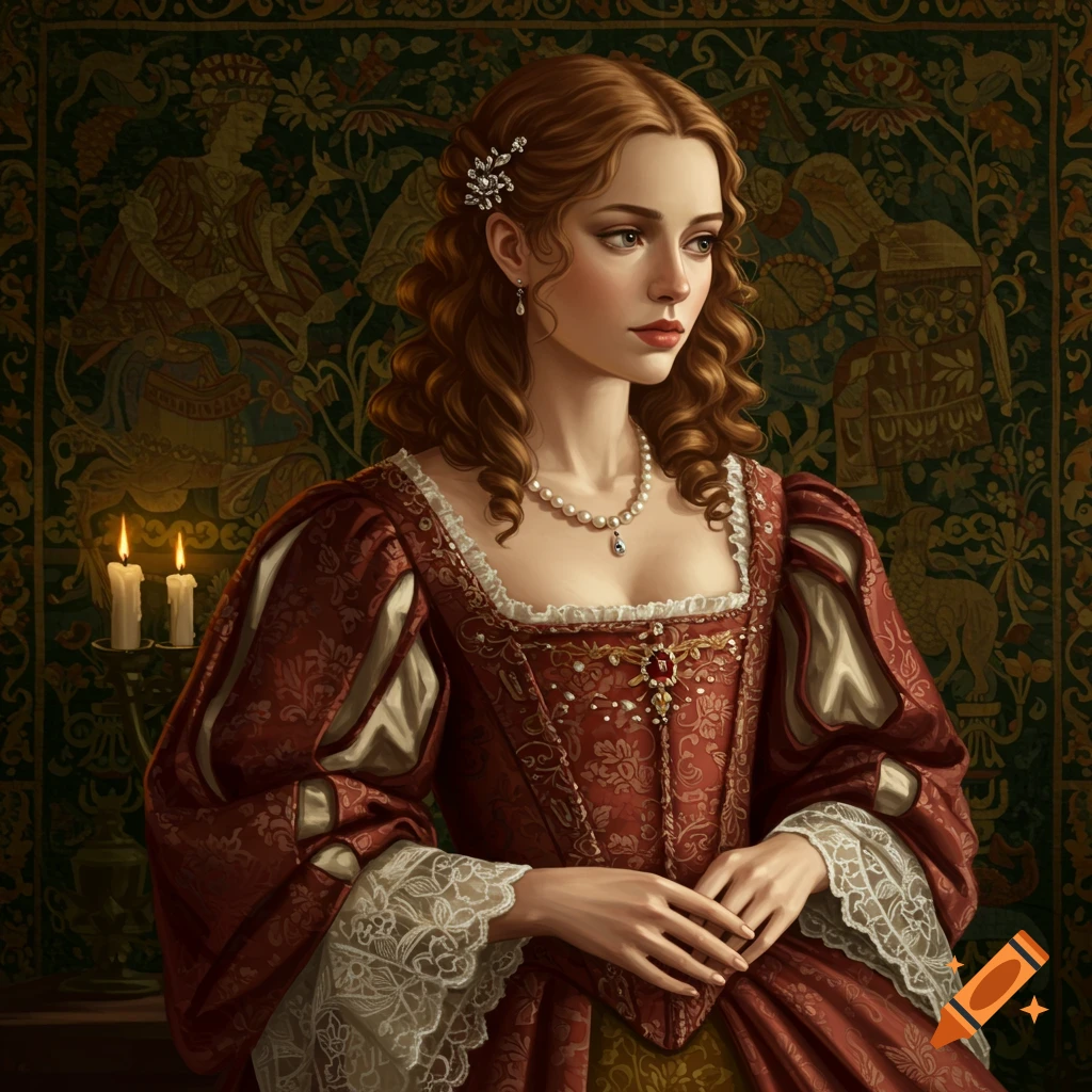 A young woman in an elaborate red and gold historical gown with a pearl necklace, posing against a green tapestry with two lit candles.