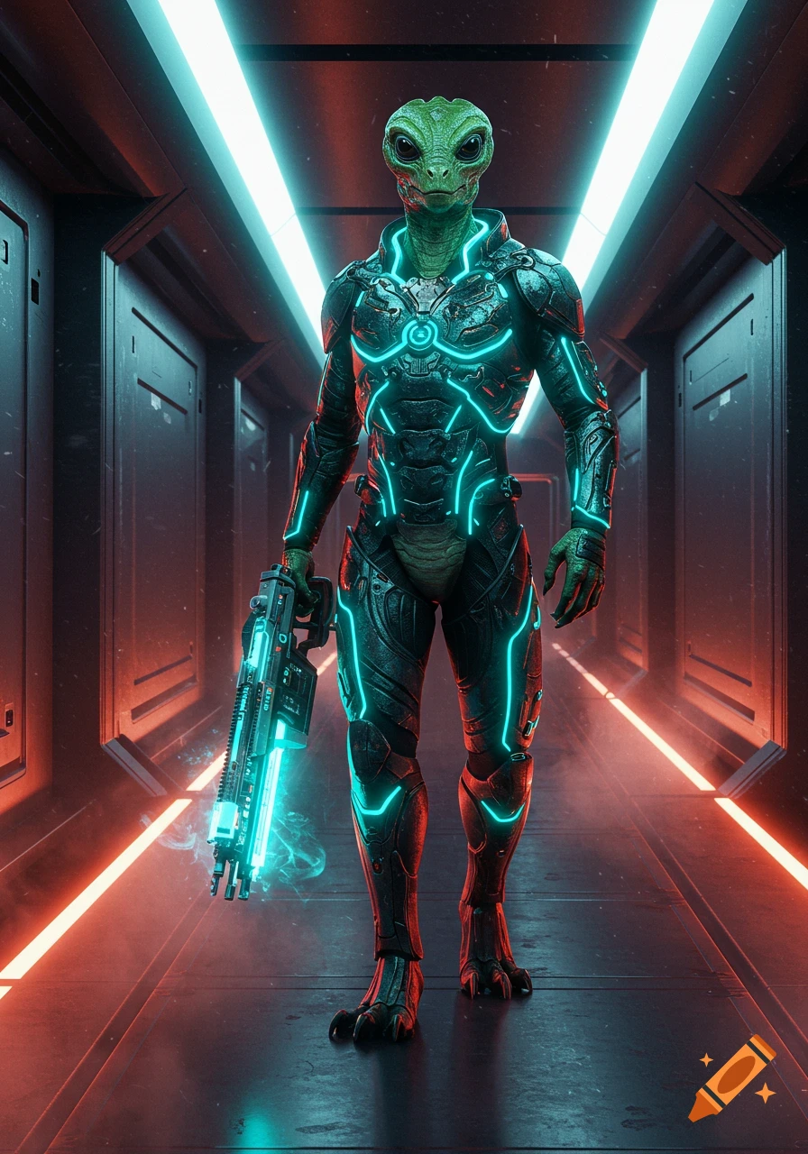 A reptilian alien in glowing cyberpunk armor holds a futuristic gun while walking down a neon-lit spaceship hallway.