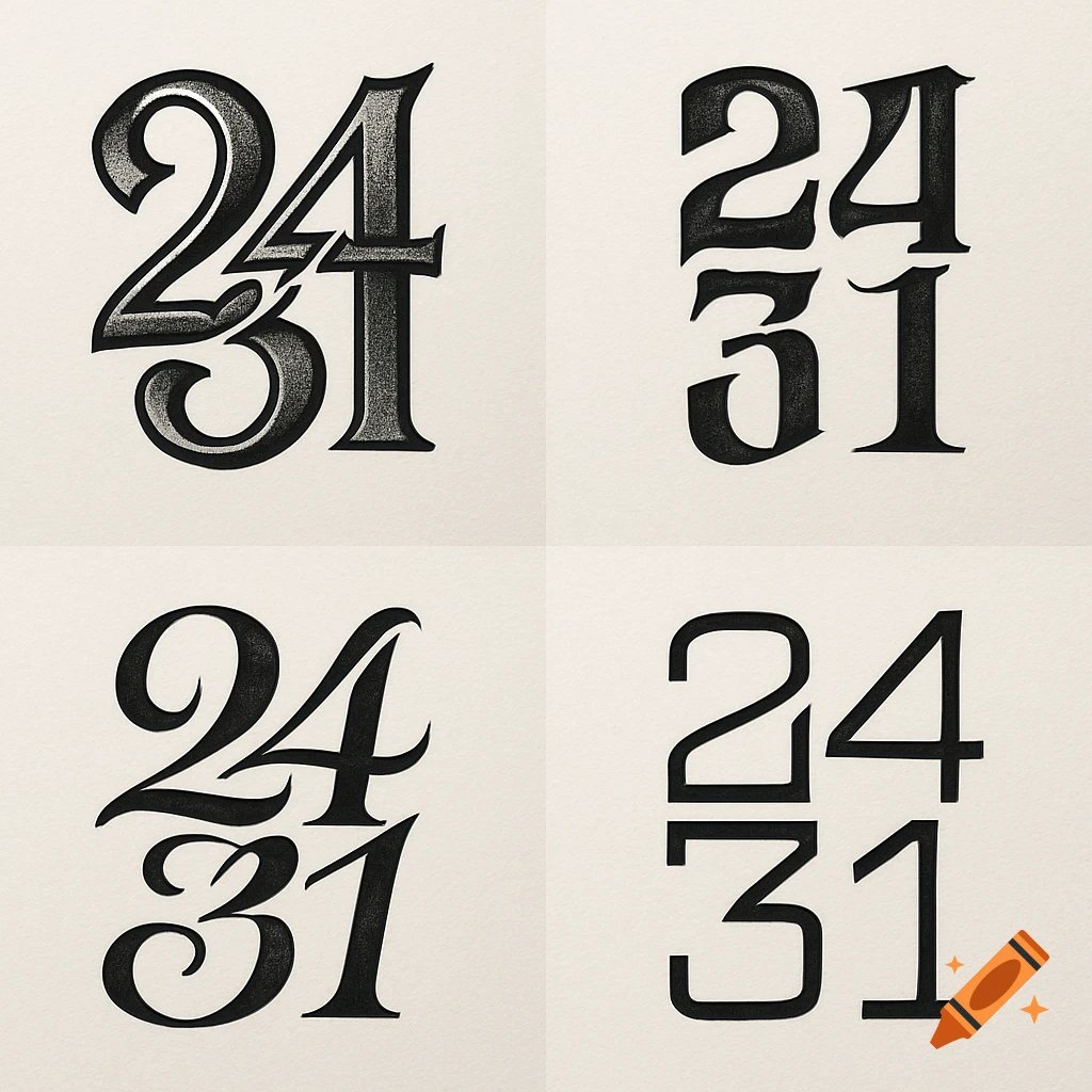Four distinct tattoo designs combining the numbers 24 and 31, rendered in different calligraphic, geometric, and textured styles on a light background.