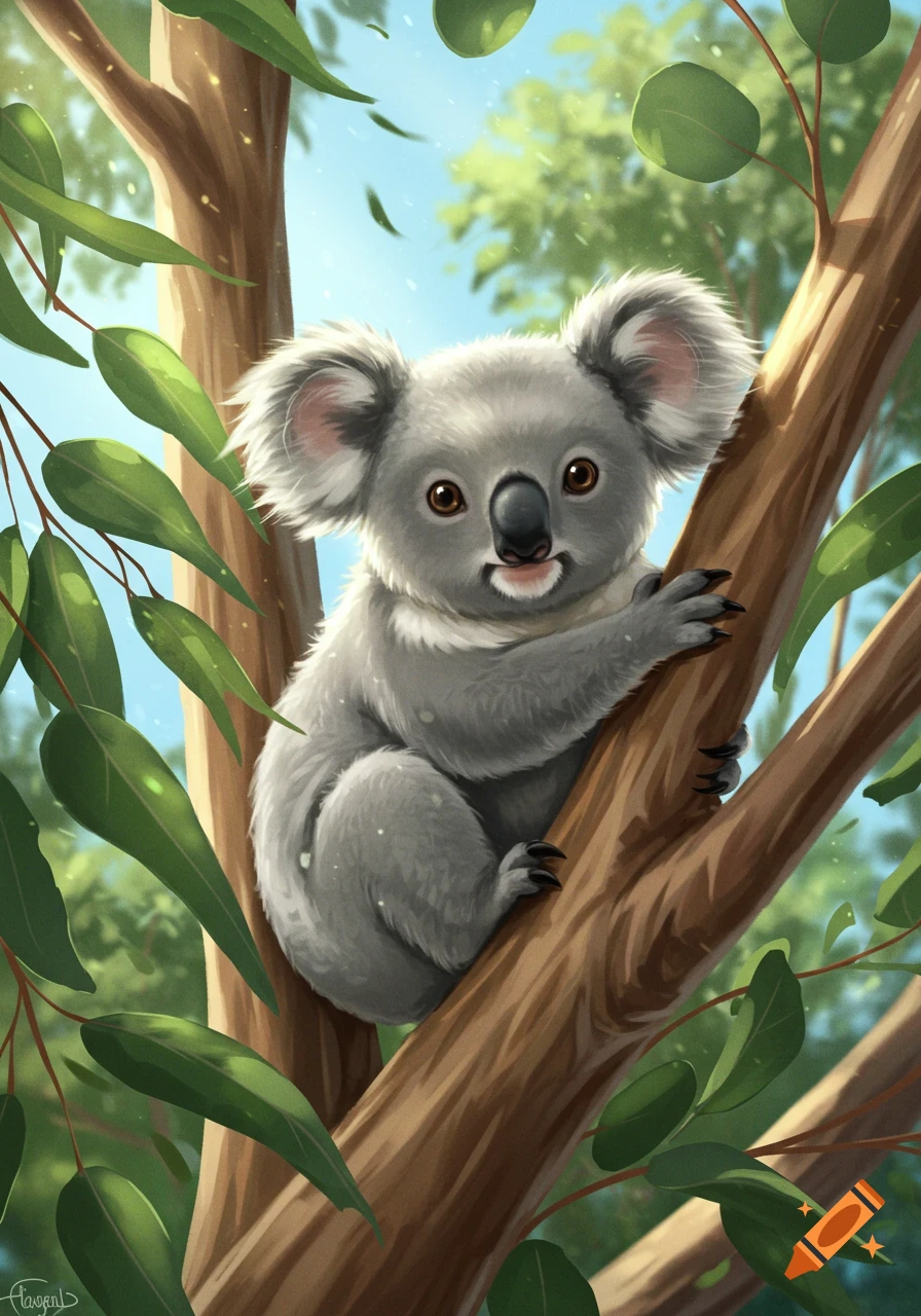 A cute, fluffy koala illustration clinging to a eucalyptus tree branch, with green leaves and a bright sky.