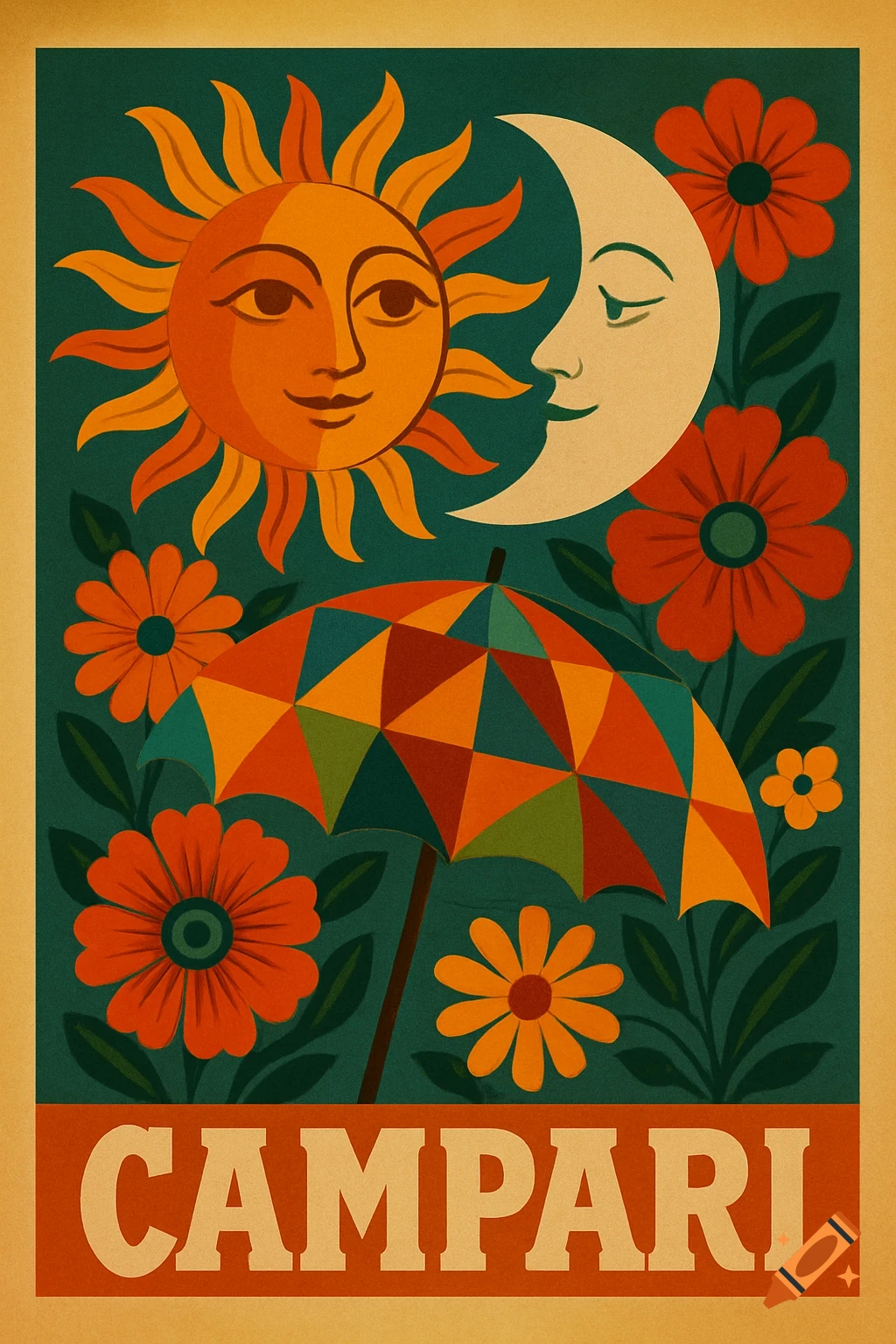 A retro-style poster with a smiling sun and moon, flowers, and a colorful umbrella, with 'CAMPARI' at the bottom.