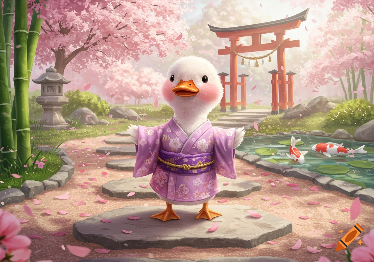 A cute white duck with rosy cheeks wears a pink kimono, standing in a cherry blossom-filled Japanese garden with a torii gate and koi pond.