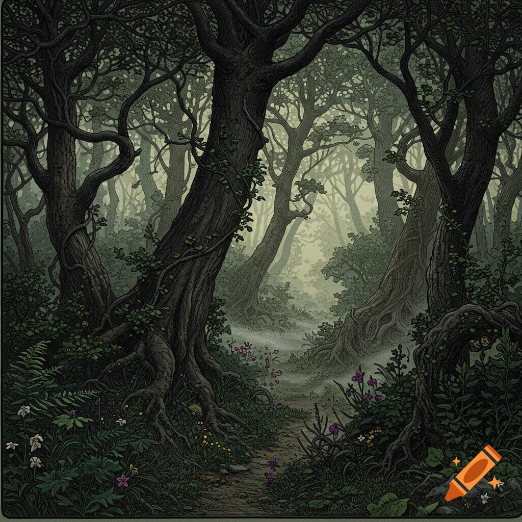 A dark, detailed illustration of an enchanted forest path with twisted trees and misty background, in Gustave Doré's style.