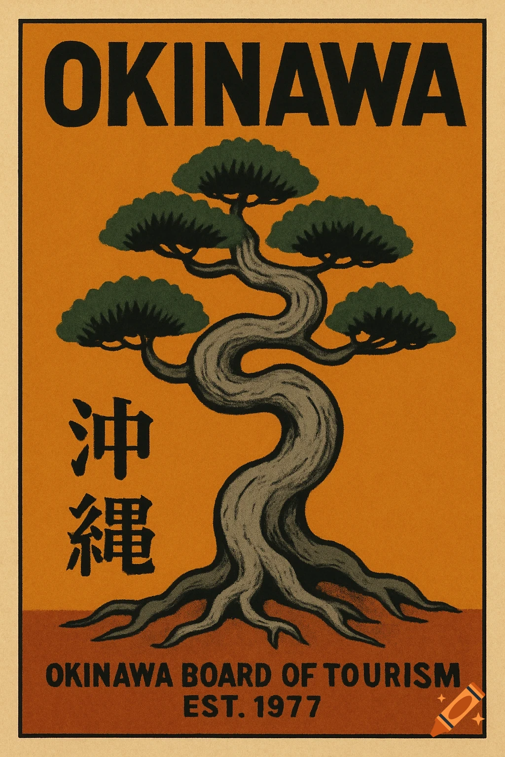 A retro-style travel poster for Okinawa featuring a Japanese Black Pine bonsai tree against an orange background.