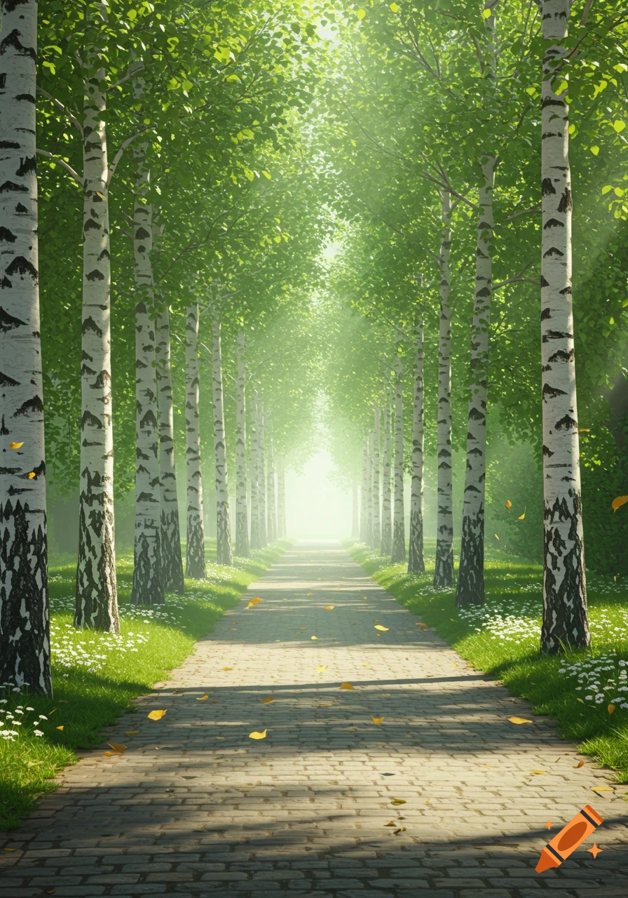 A sunny pathway lined with tall birch trees stretches into the distance, with bright light at the end.