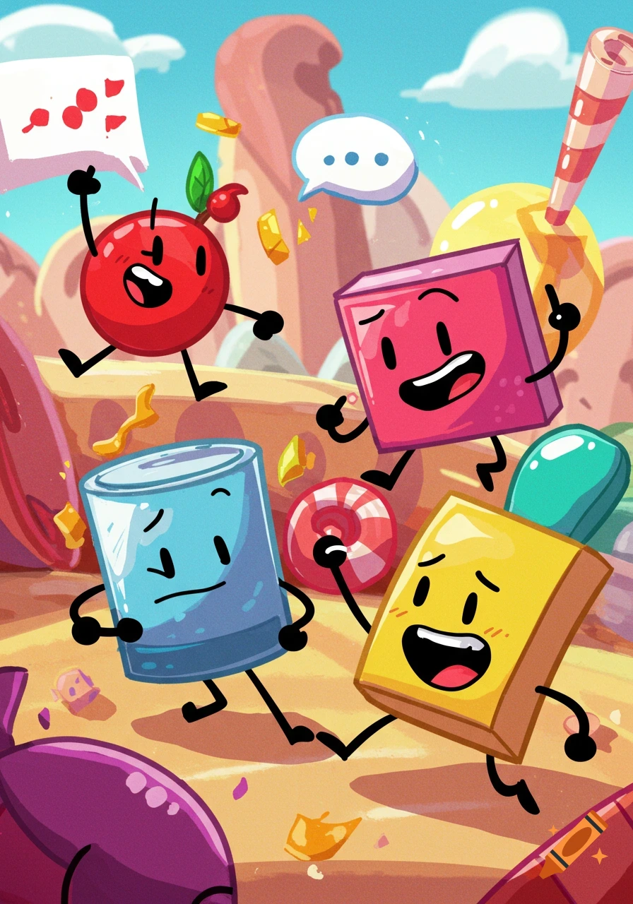 Four cheerful anthropomorphic objects a red cherry, pink cube, blue can, and yellow block run joyfully through a vibrant candy-themed landscape under a blue sky.