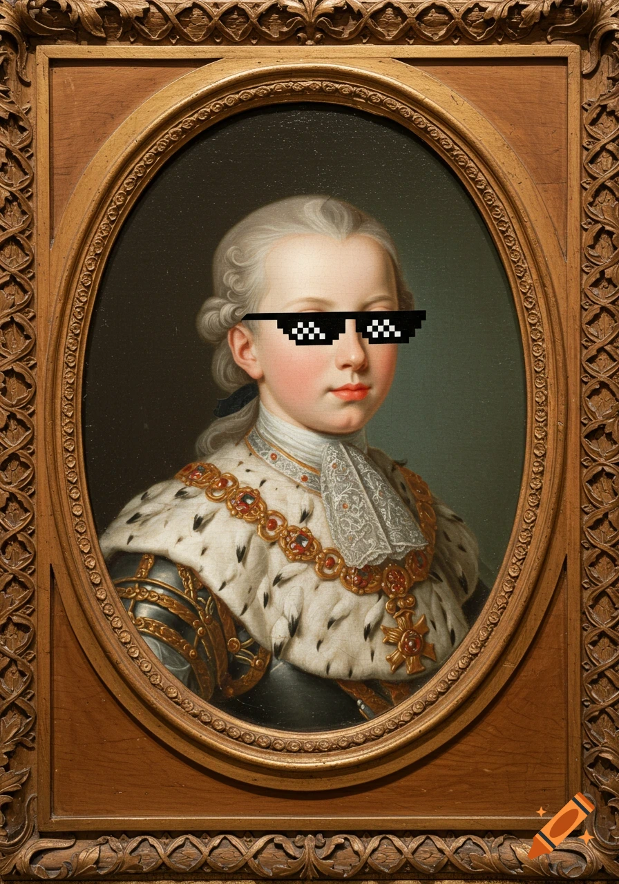 Classical portrait painting of a young royal in aristocratic attire, wearing pixelated sunglasses in an ornate wooden frame.