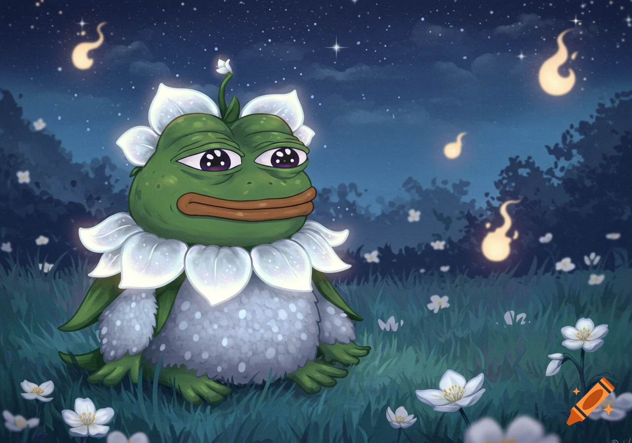 Cartoon Pepe the frog wearing white flower petals sits in a field of flowers at night under a starry sky with glowing spirits.