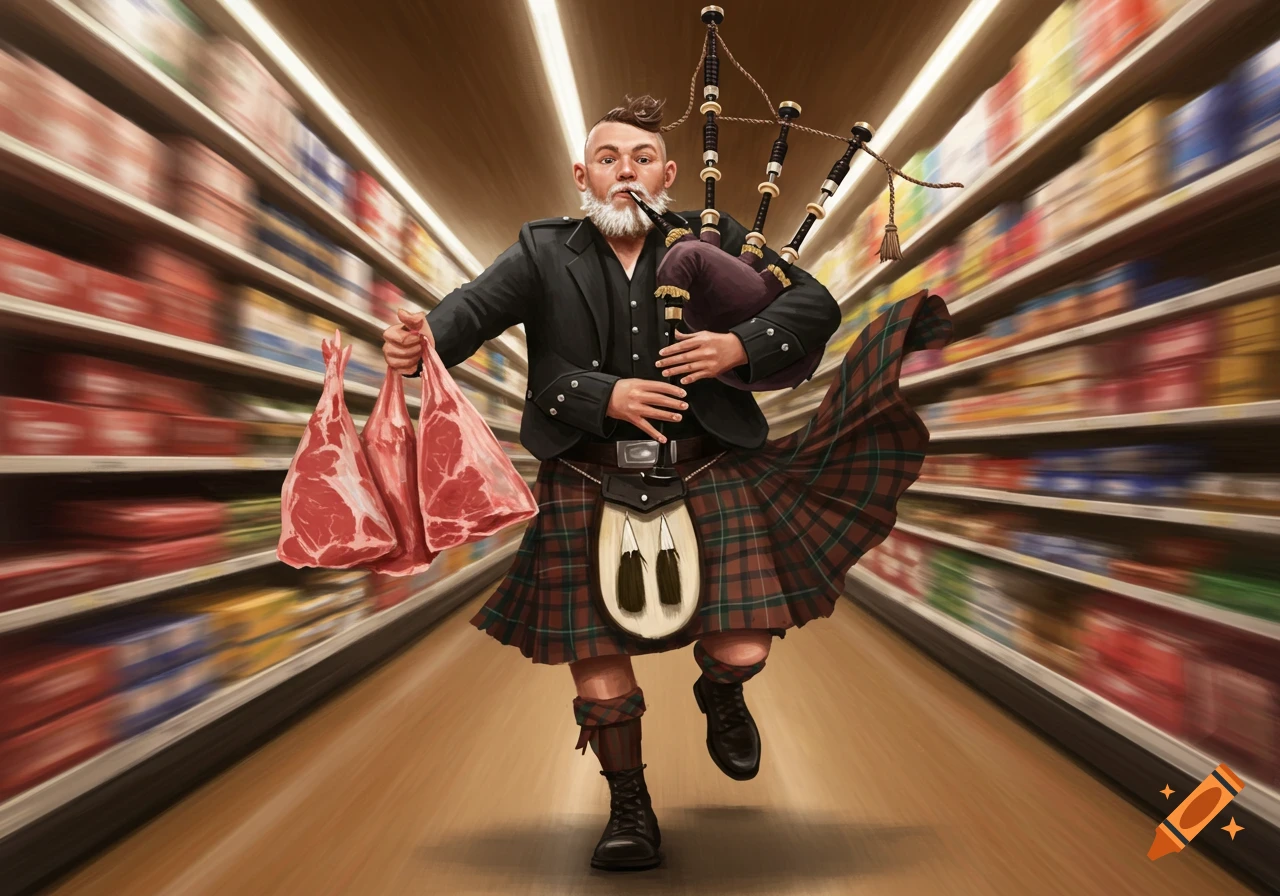 A kilted man with a white beard plays bagpipes while running through a supermarket aisle, holding raw beef.