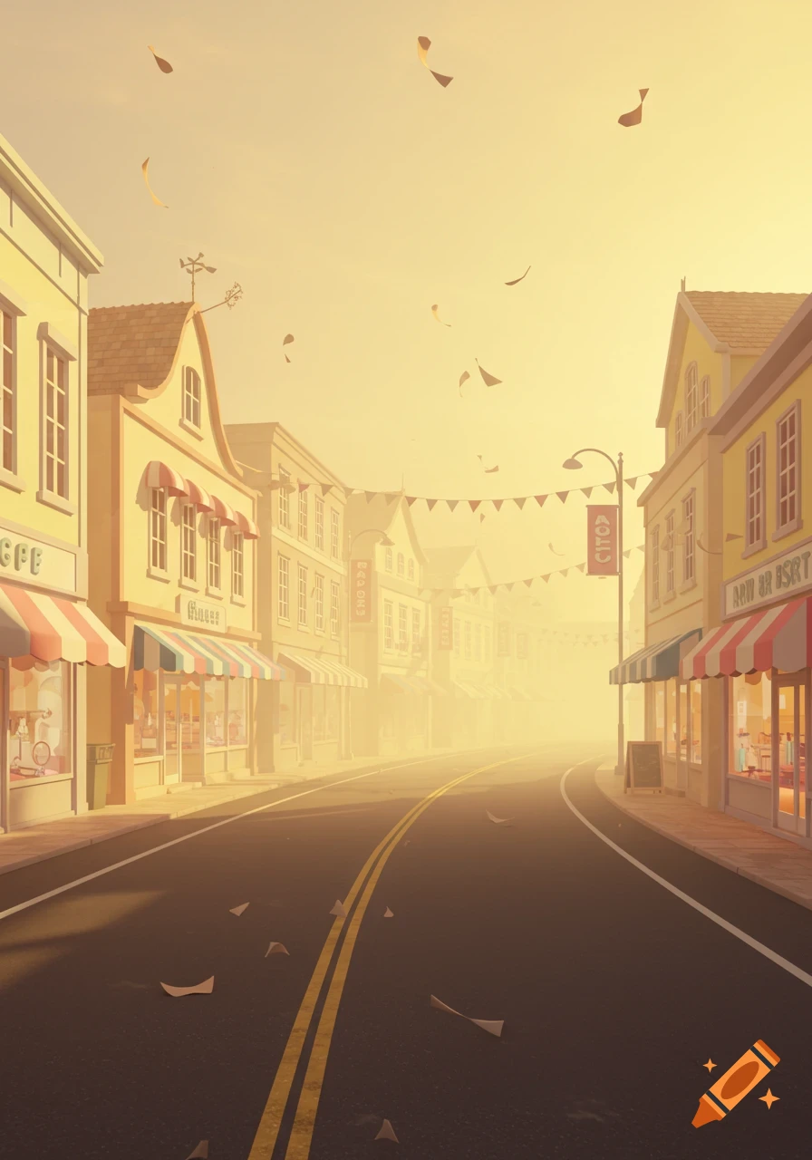 A stylized street scene with yellow-hued stores, an empty road, and falling papers in a hazy, dreamy atmosphere.