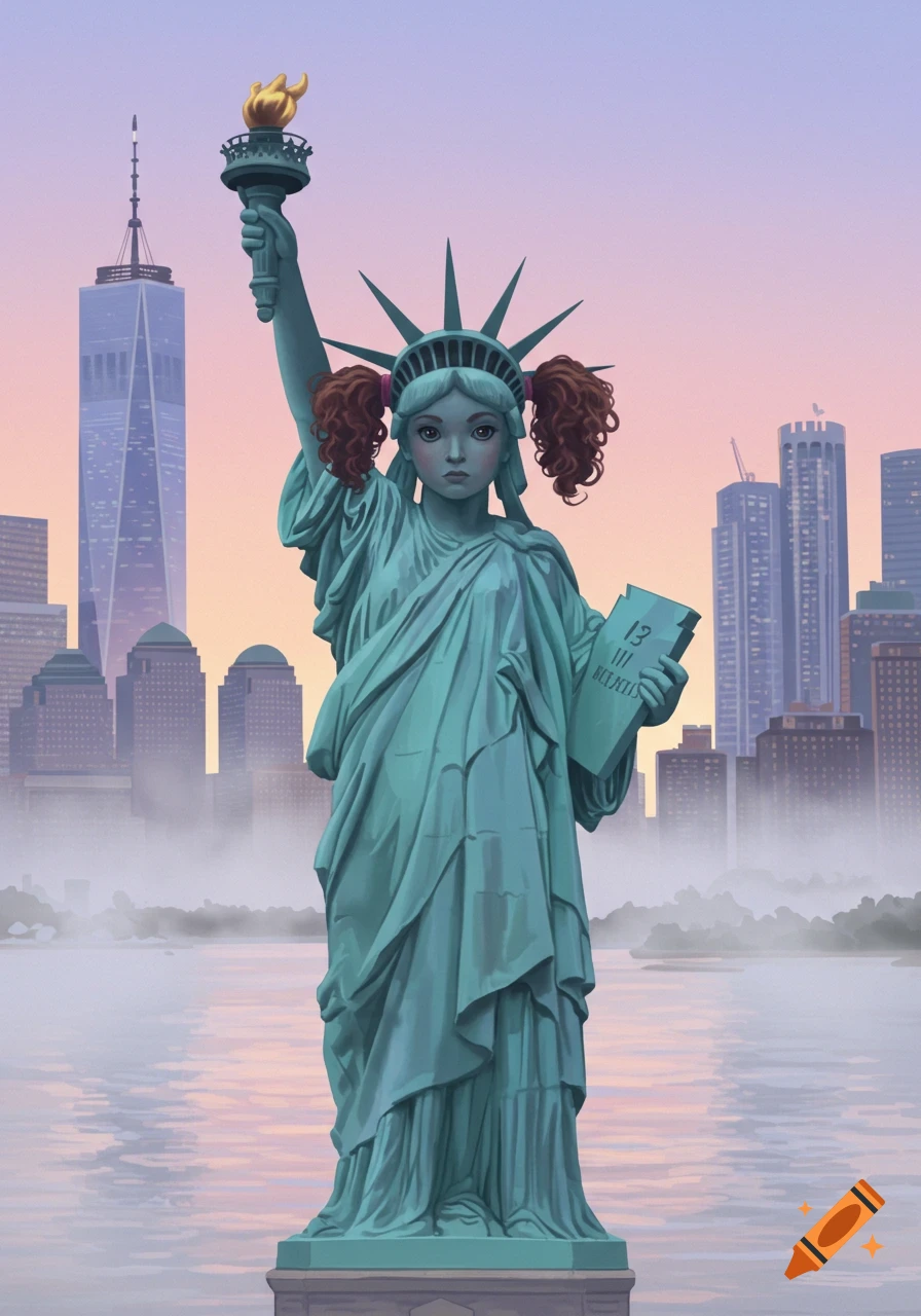 Stylized depiction of a young Statue of Liberty with pigtails holding a tablet, against a sunset cityscape.