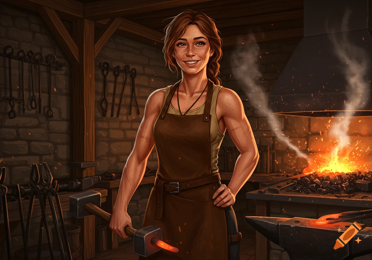Digital illustration of a smiling female blacksmith with an athletic build holding a hammer with glowing metal in a workshop.