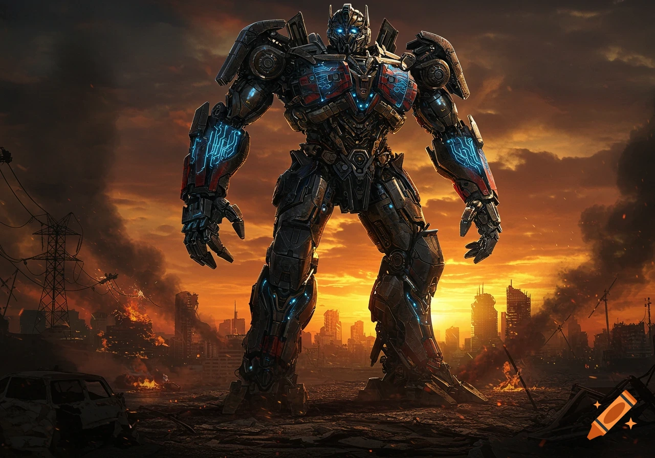 Photorealistic Optimus Prime robot stands in a destroyed city with fires and smoke under an orange sunset.