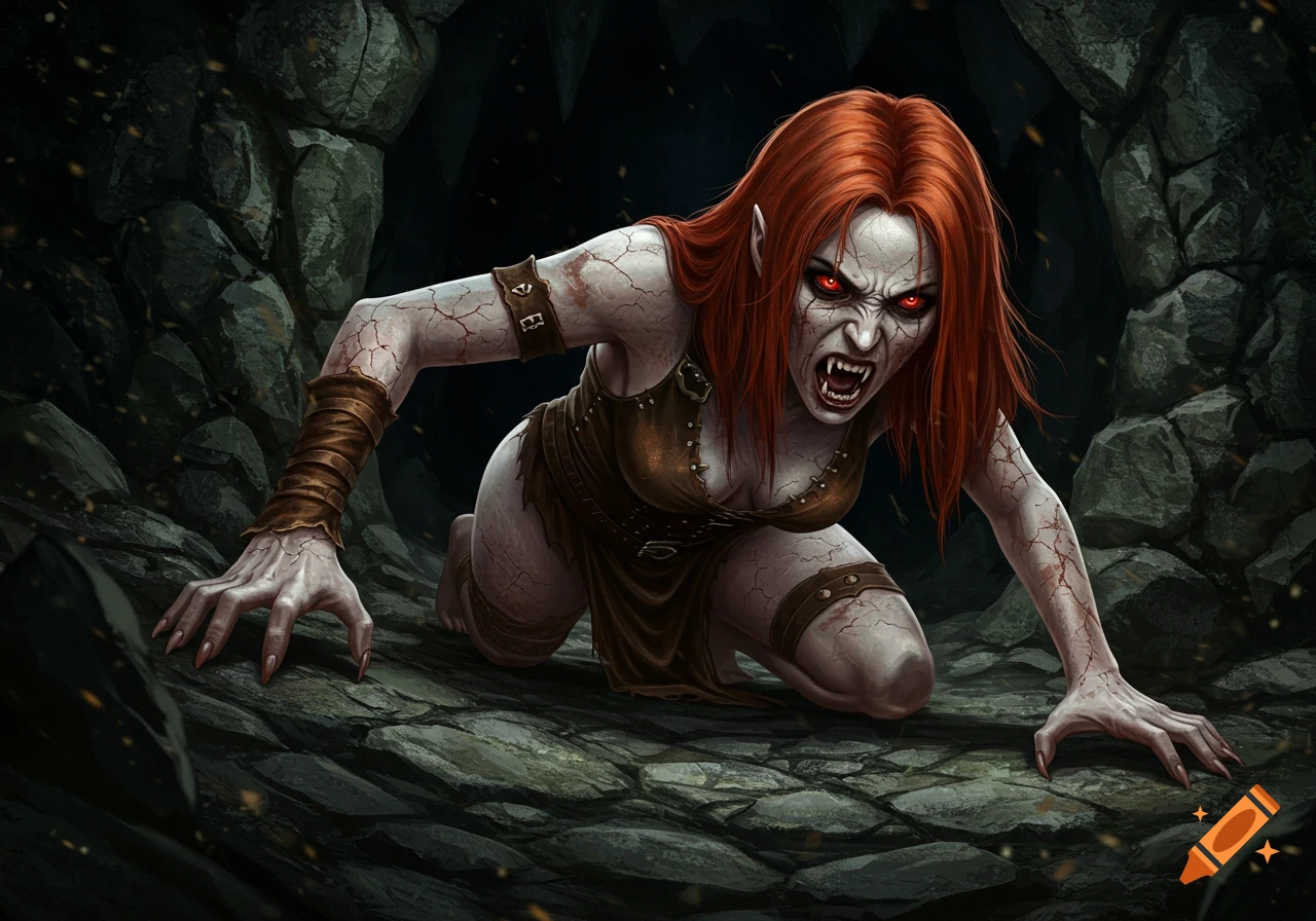 A red-haired vampire woman with grey cracked skin and glowing red eyes crawls menacingly from a dark stone cave.