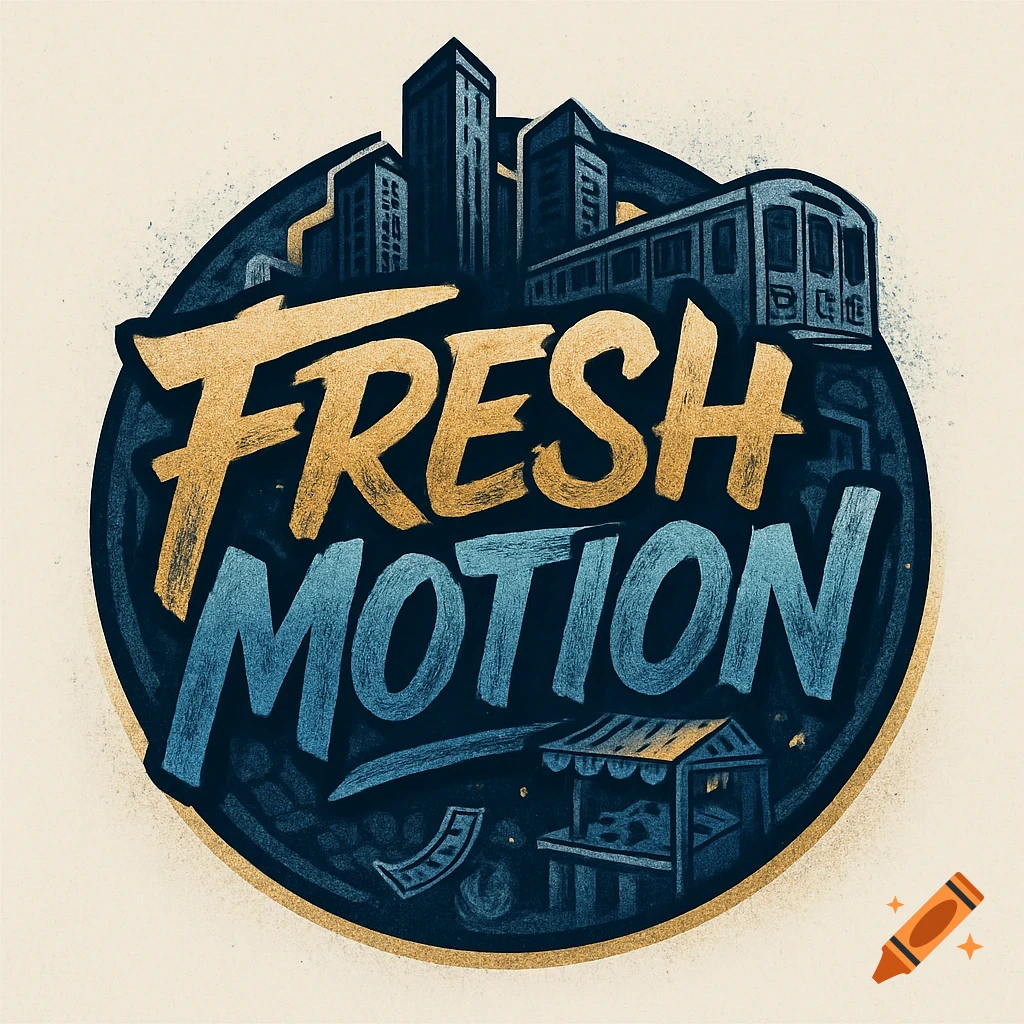 A stylized urban logo with 'FRESH MOTION' text, depicting buildings, a subway train, and a street vendor in a circle.