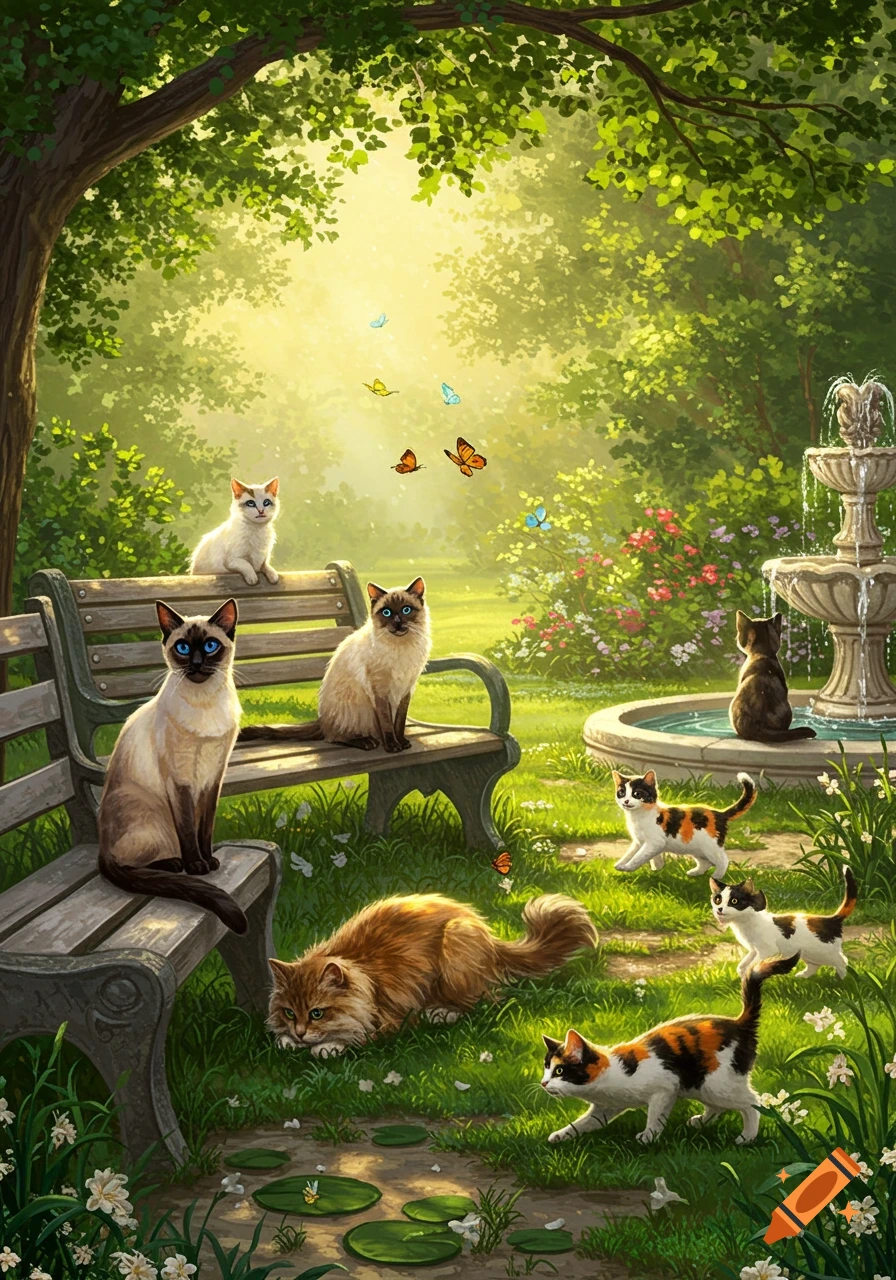 Digital art of several cats in a sunlit, lush garden with a fountain, trees, flowers, and butterflies.