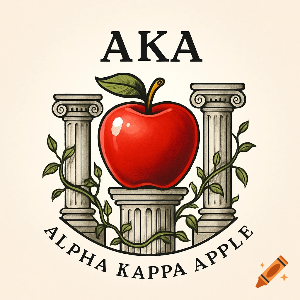 A stylized logo featuring a red apple on a pedestal between two Greek columns with vines, and the text 'AKA' and 'ALPHA KAPPA APPLE'.