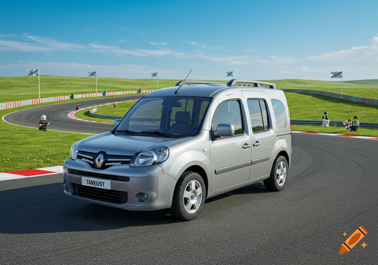 A silver Renault Kangoo car parked on a race track with Lego figures around the circuit under a blue sky.