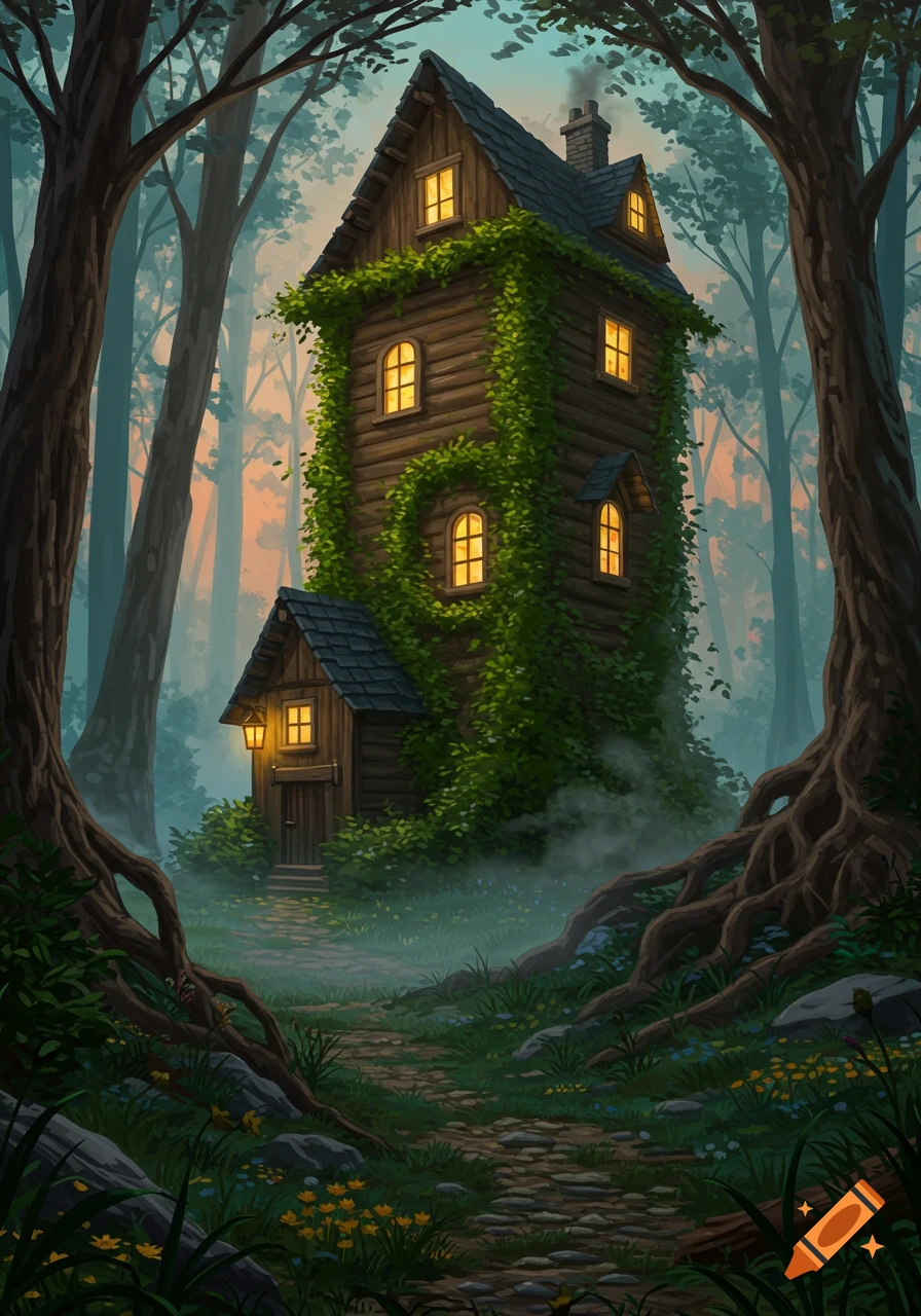 A whimsical, tall, ivy-covered wooden cabin with glowing windows in a misty, dark forest at dusk, with a stone path leading to its door.