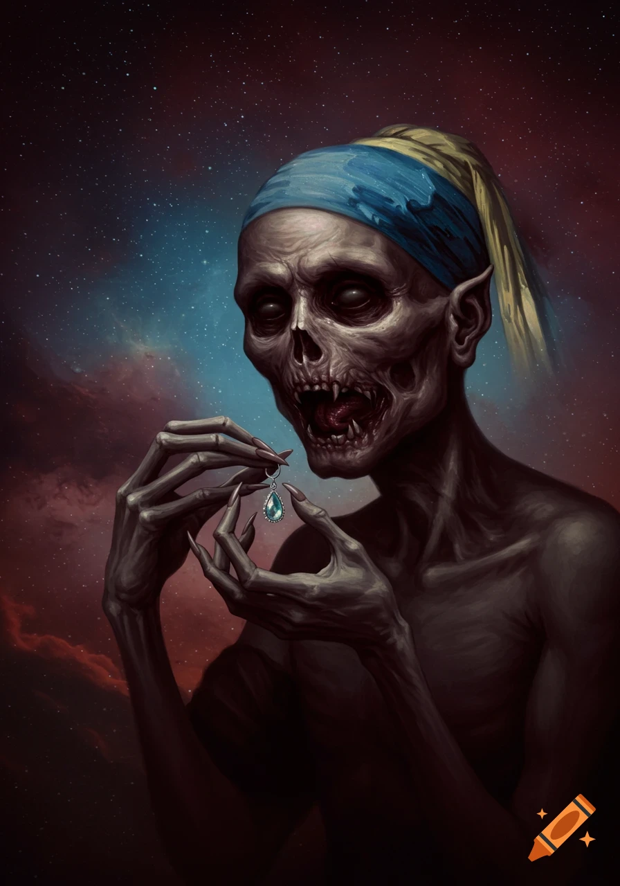A macabre, skeletal creature with a gaping mouth, wearing a blue and yellow headscarf, holds a pearl earring against a starry sky.