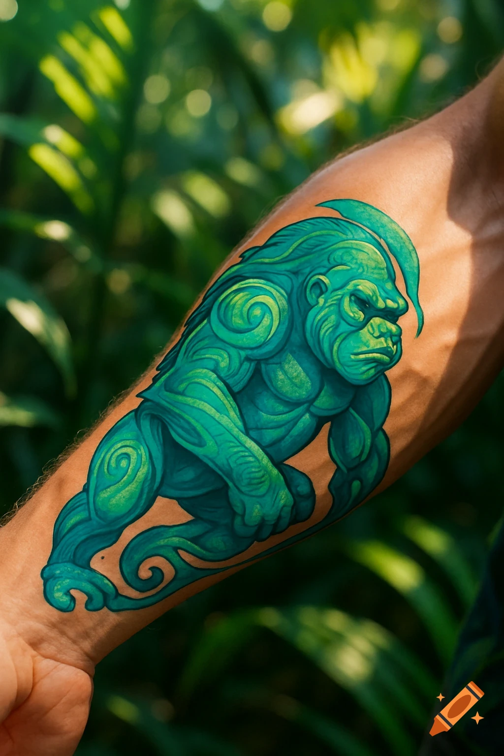 A detailed green stylized gorilla tattoo on a person's forearm, against a blurry green jungle background.