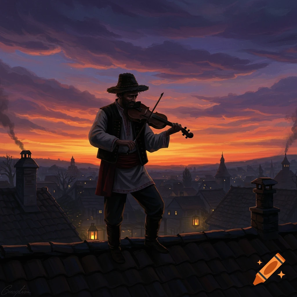 A man in traditional attire plays a violin on a dark tiled rooftop, silhouetted against a vibrant orange and purple sunset over a distant town.