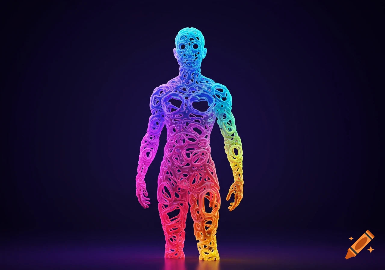 Abstract humanoid figure made of swirling rainbow patterns, glowing against a dark background, digital art style.