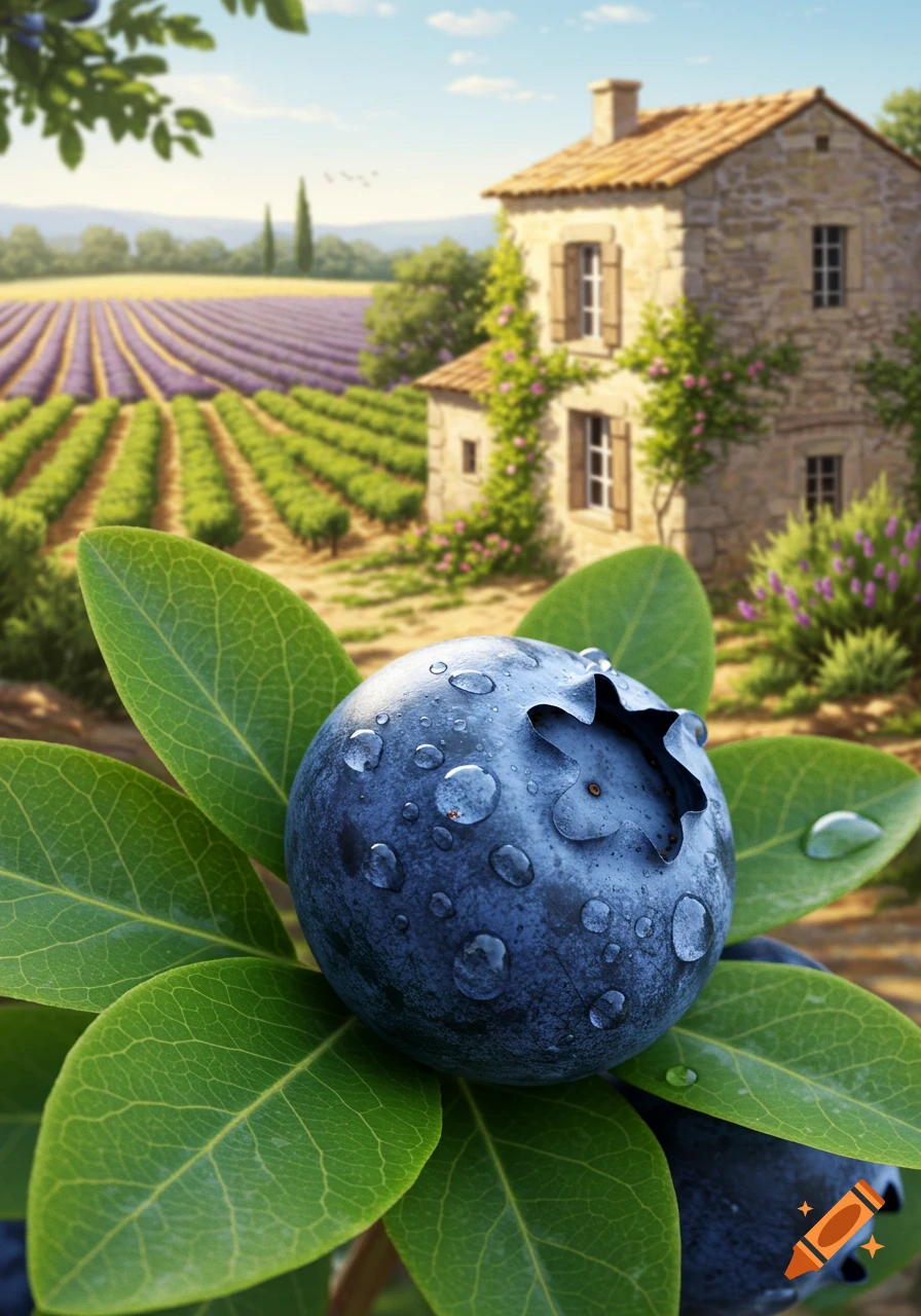 A close-up of a blueberry with water droplets on green leaves, set against a blurred background of a stone house and lavender fields under a blue sky.