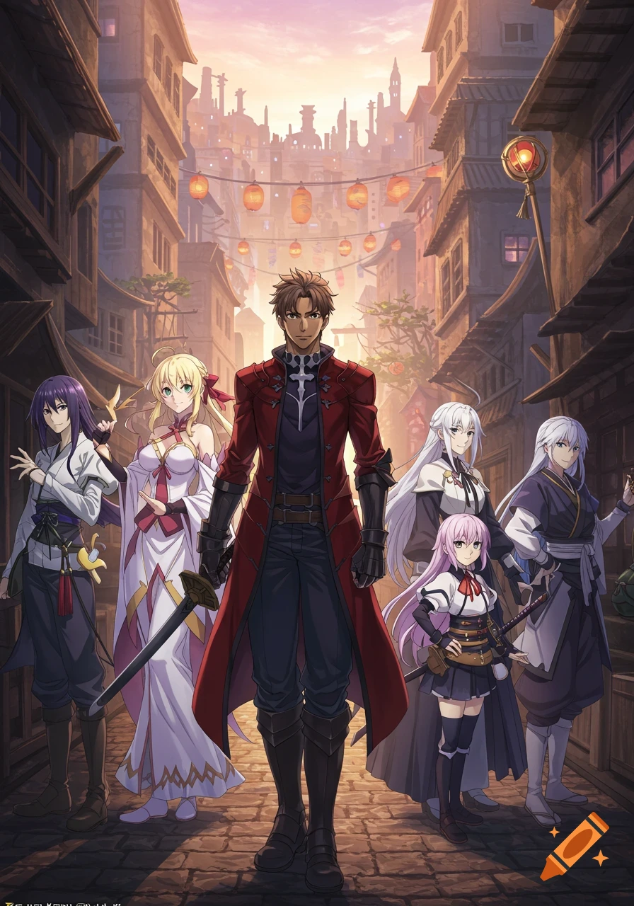 A group of six anime characters, led by a male in a red coat, stand on a fantasy town street lined with buildings and lanterns.