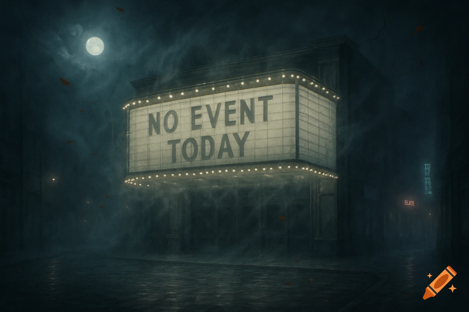 A vintage theater marquee reads 'NO EVENT TODAY' on a dark, foggy street at night under a full moon.