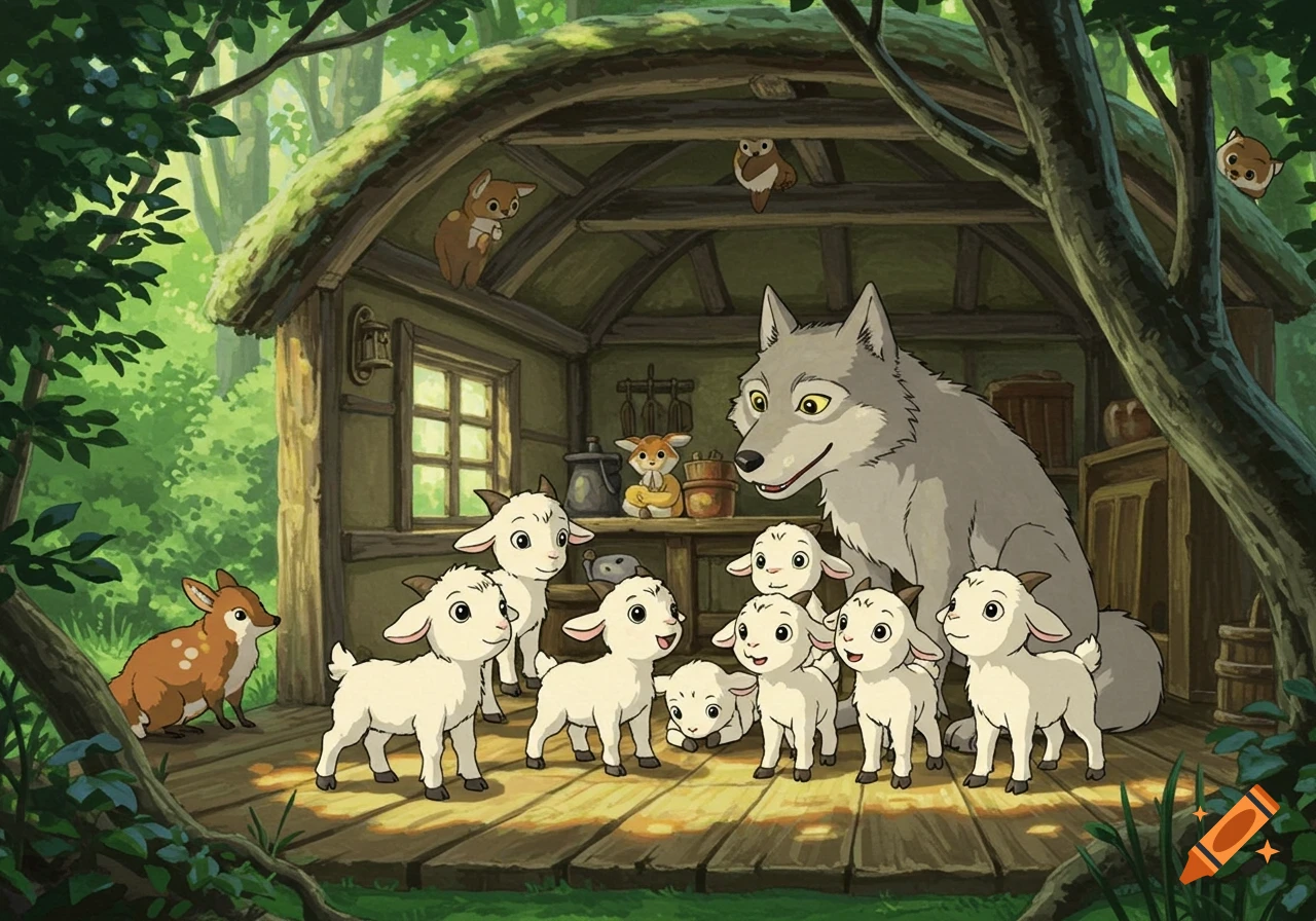 A Ghibli-style animation of a grey wolf and seven baby goats inside a rustic forest cabin, with woodland animals observing.