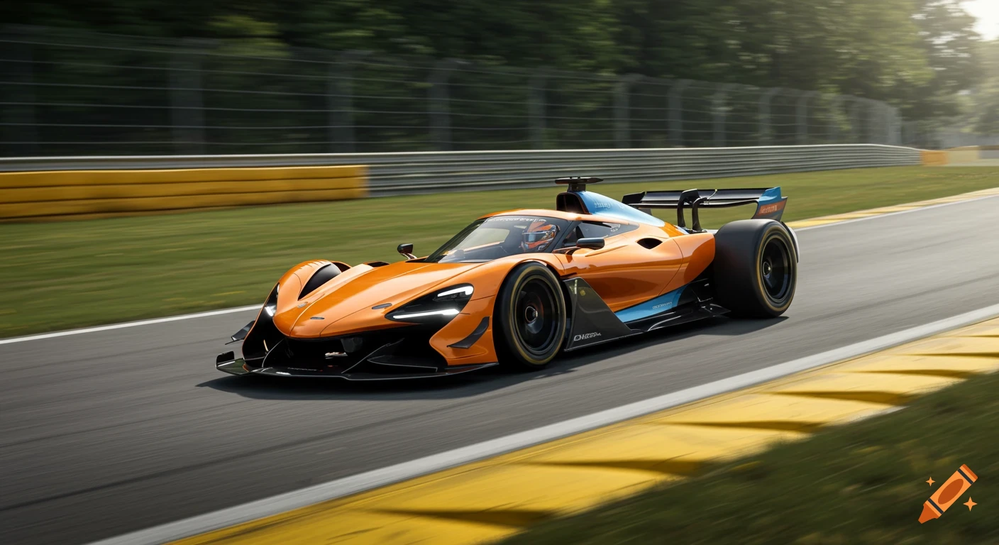 An orange and blue high-performance race car speeding around a bend on a track with green verges and guardrails.