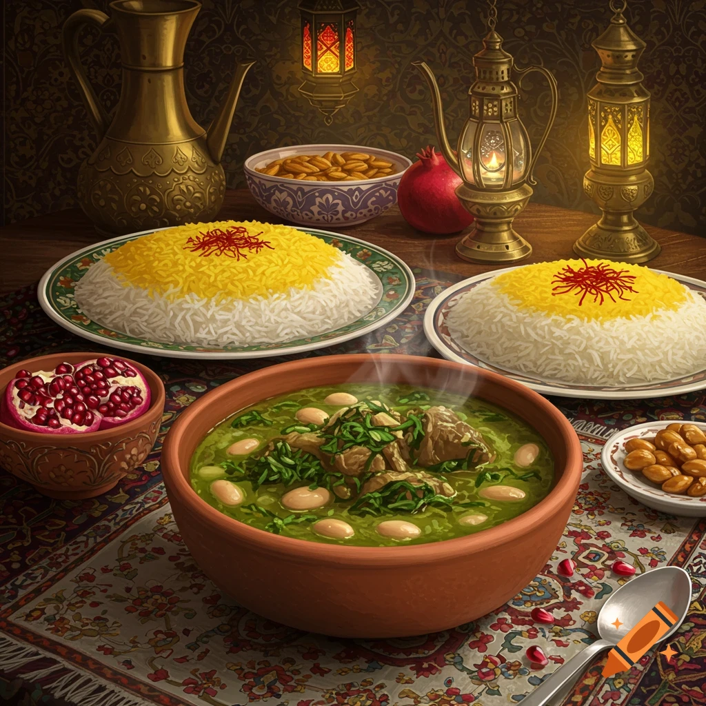 A table laden with Iranian Ghormeh Sabzi stew, saffron rice, pomegranates, nuts, ornate lanterns, and a brass pitcher.