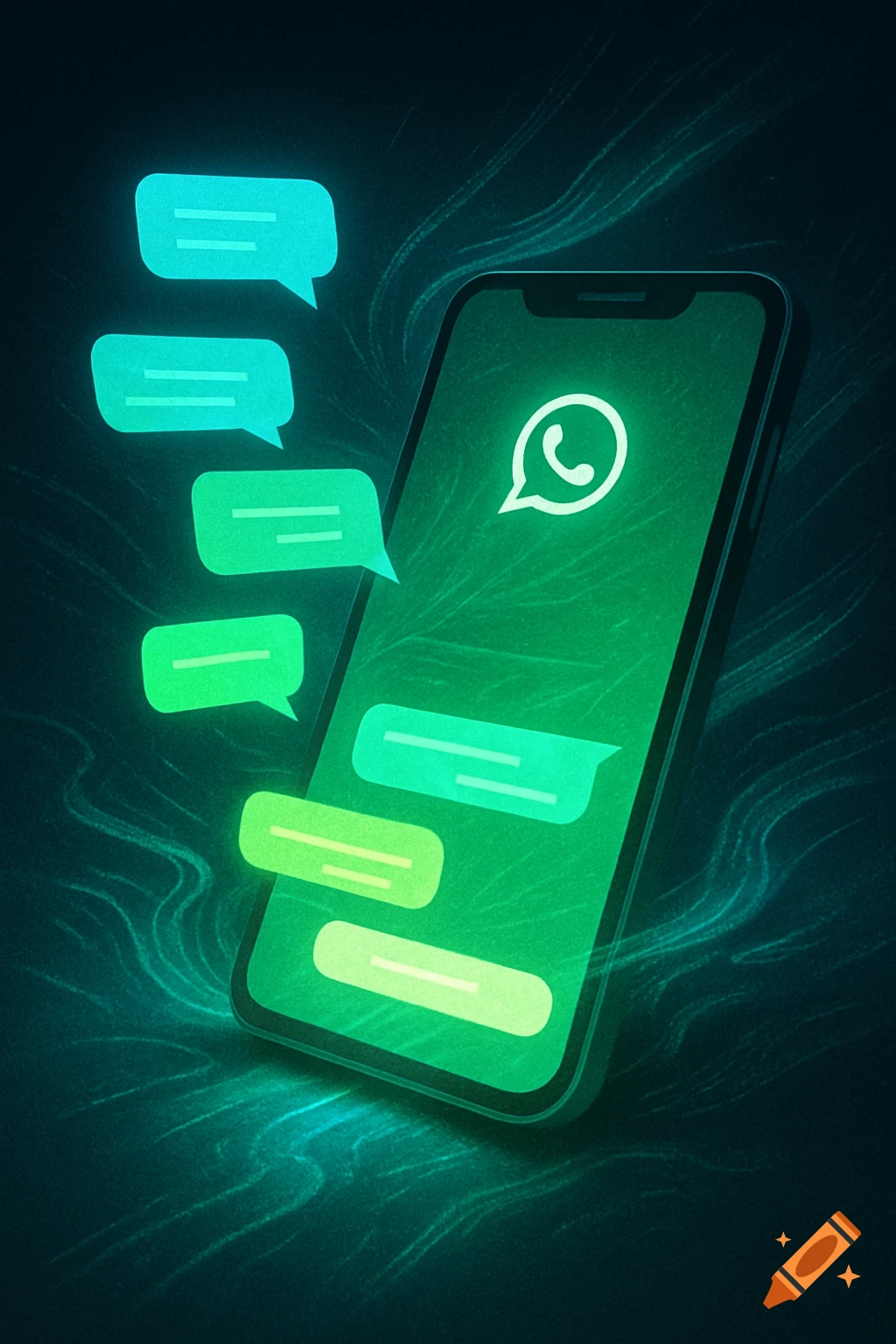 A glowing smartphone displaying the WhatsApp logo, surrounded by bright green and blue message bubbles on a dark, textured background.