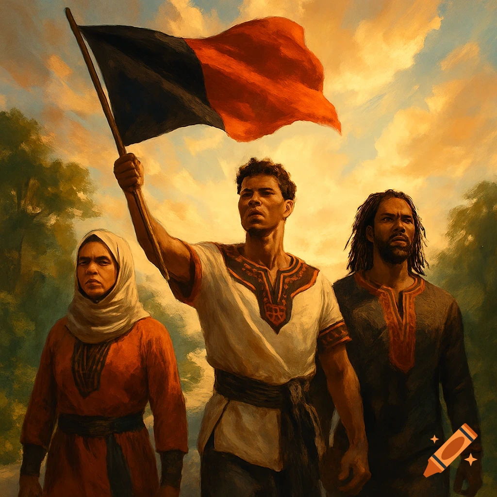 Three determined people, one holding a black and red flag, walk forward under a dramatic sky in a painted style.