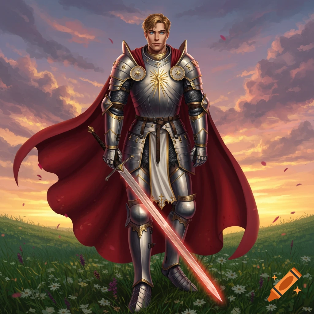 A handsome paladin in shining plate armor and a red cape stands in a grassy field at sunset, holding a glowing sword.