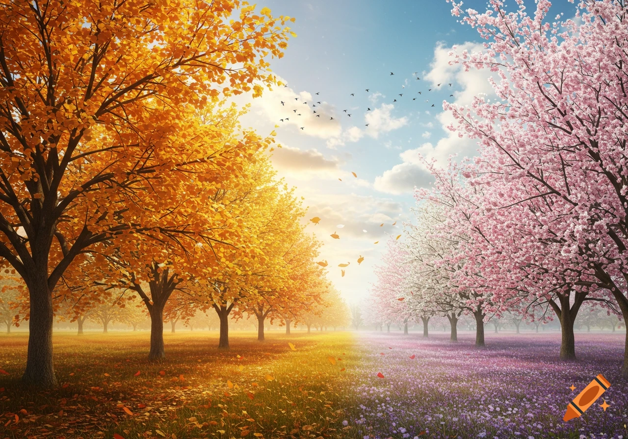 A vibrant landscape split between autumn trees with orange leaves and spring cherry blossoms with purple flowers under a blue sky.