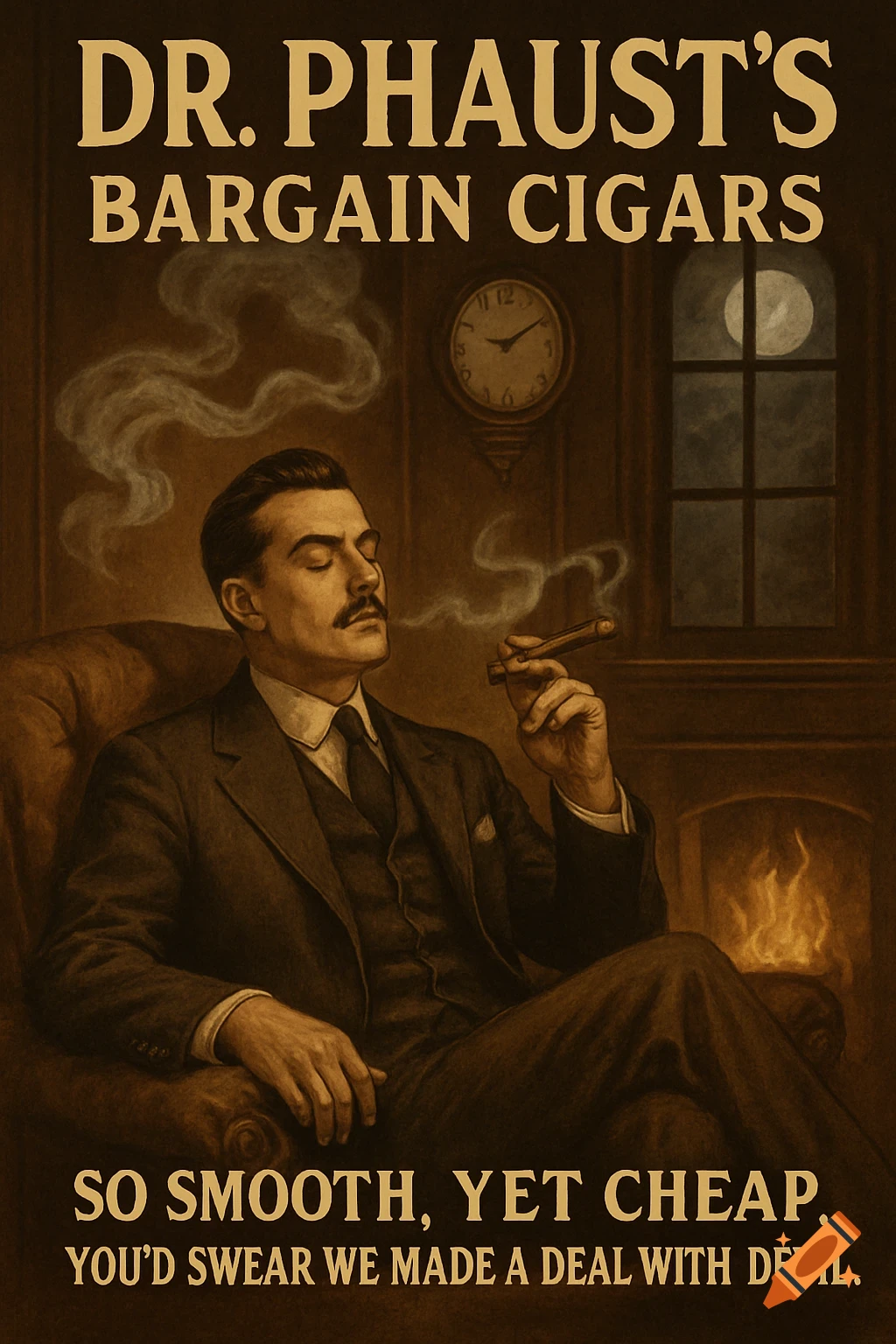 A vintage-style ad features a man smoking a cigar in a cozy room with text "DR. PHAUST'S BARGAIN CIGARS" and a slogan.