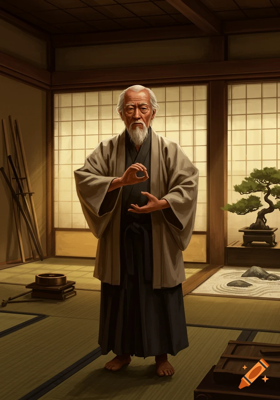 An old Japanese man with a white beard in traditional robes holds a meditative pose inside a room with shoji screens, a bonsai, and a zen garden.
