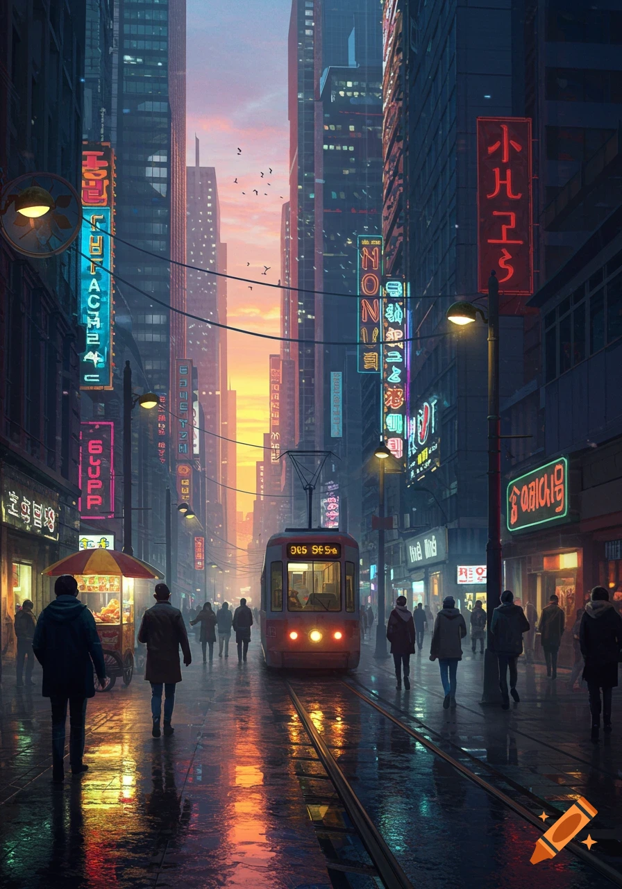 A vibrant cyberpunk city street at sunset with a tram, people, and glowing neon signs reflecting on wet pavement.