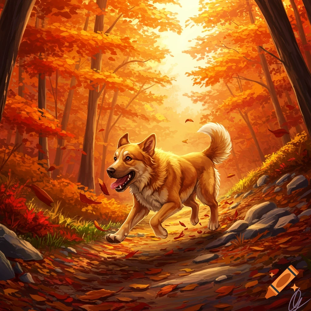 A happy golden-brown dog runs on a leaf-strewn path in a vibrant autumn forest, in an illustration style.