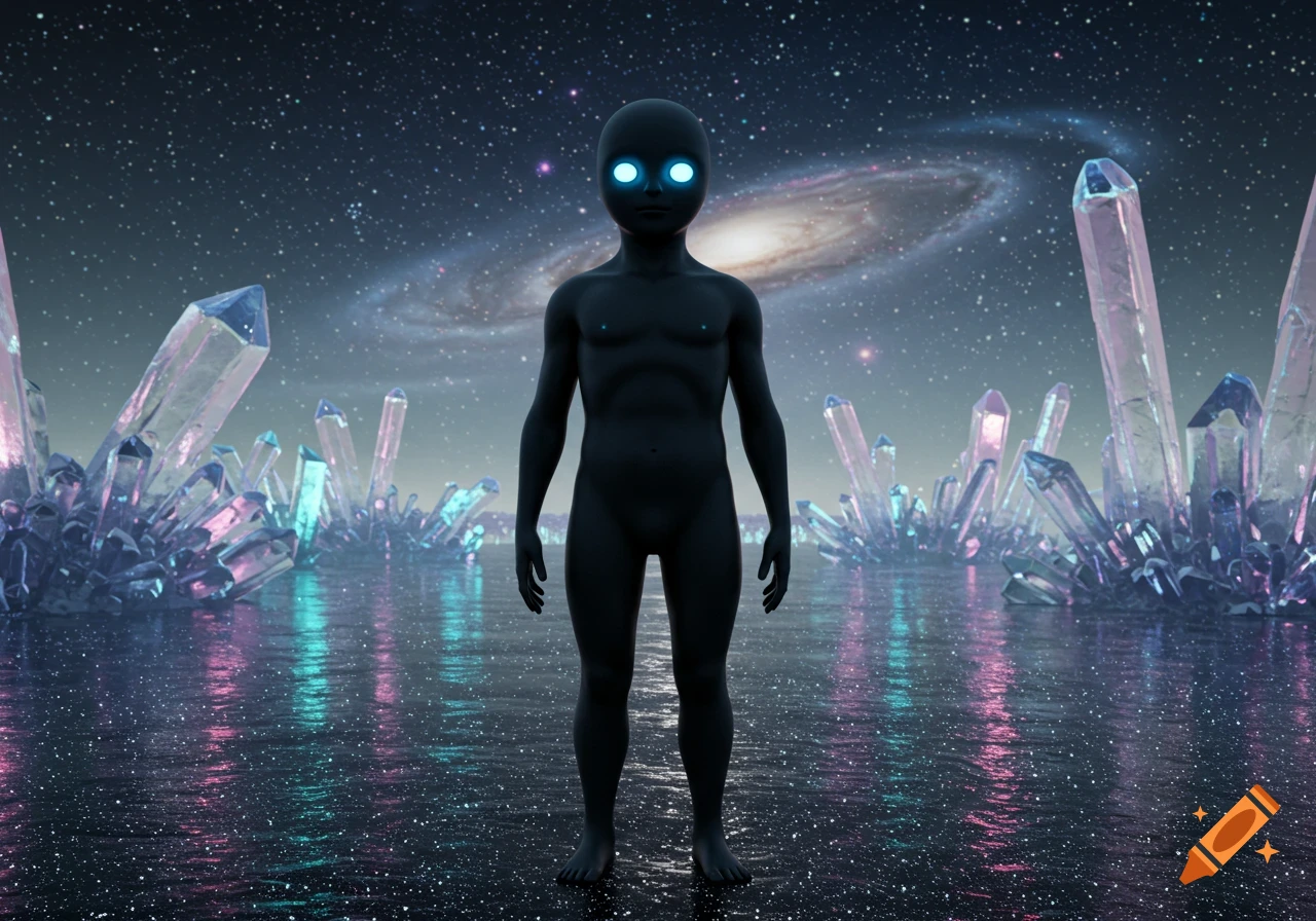 A dark humanoid alien with glowing blue eyes stands among large, glowing pink and blue crystals under a starry galaxy.
