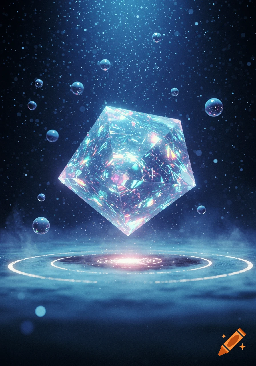 A glowing, multifaceted geometric crystal floats above luminous rings in a dark, ethereal space with bubbles and particles. Abstract digital art.